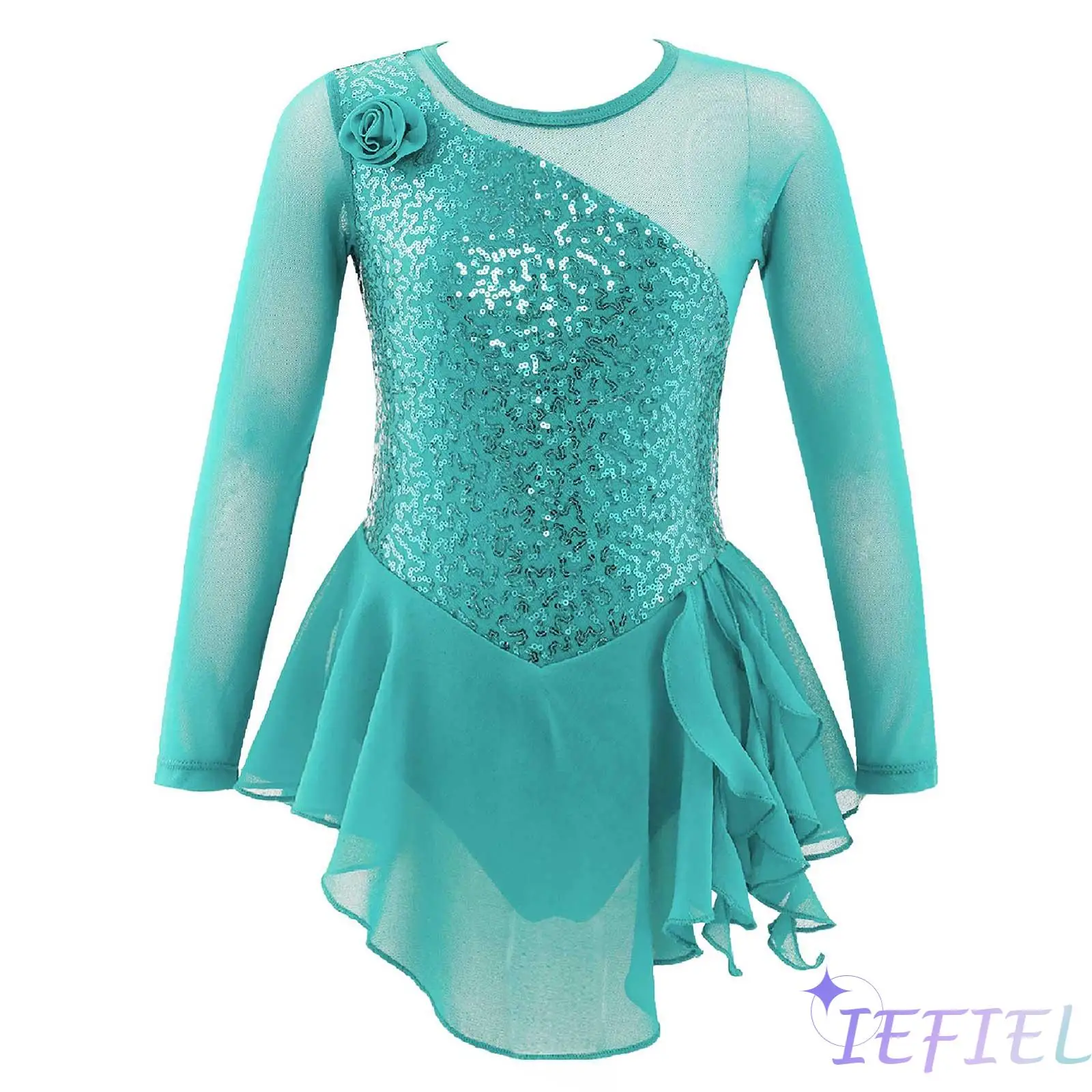 

Girl Figure Skating Ballet Lyrical Dance Leotards Long Sleeve Sequins Flower Decor Hollow Back Dress Ballroom Dance Costume