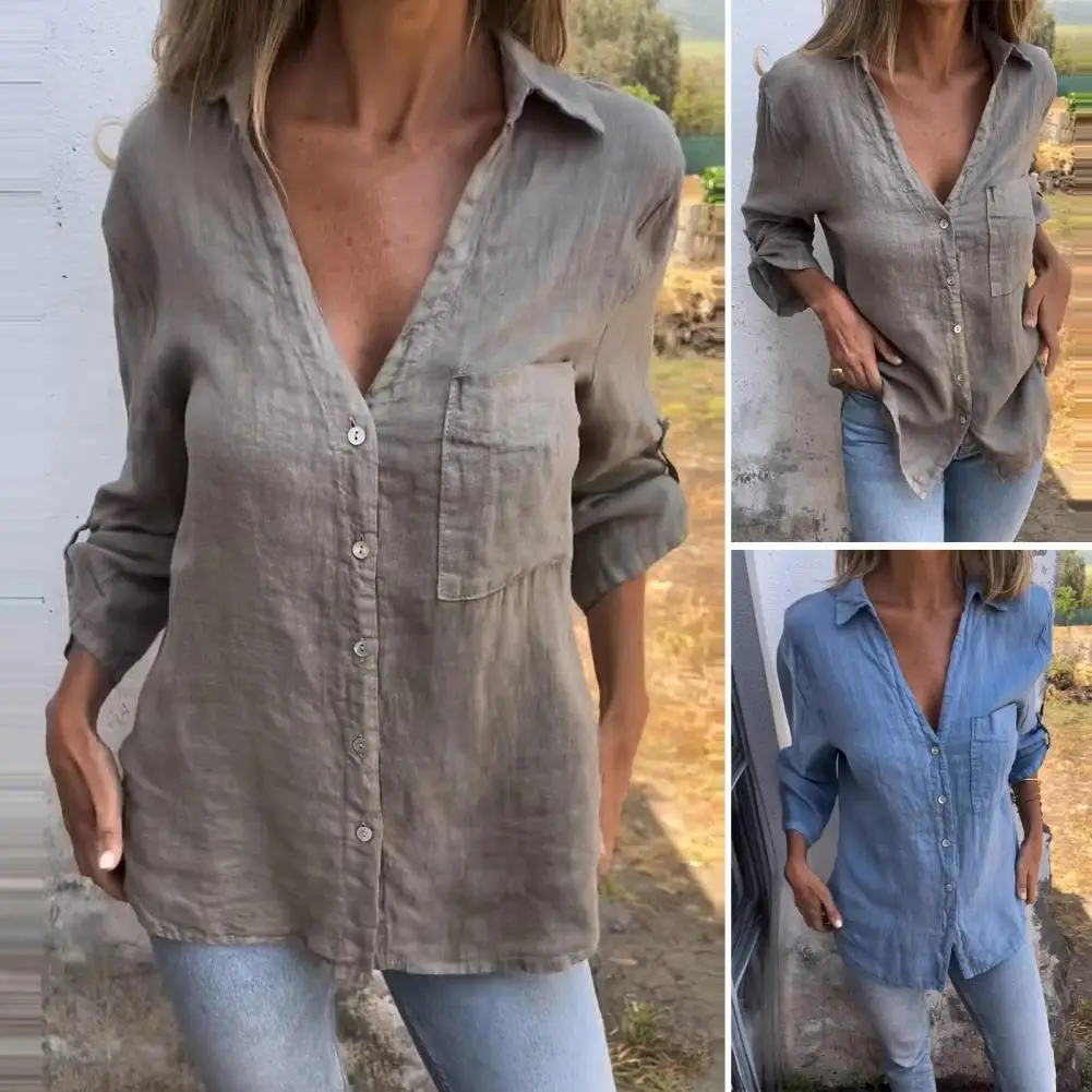 

Women Shirt Lapel V-neck Button Down Shirt Tops for Women Long Sleeve Casual Solid Color Blouse with Patch Pocket Regular Fit