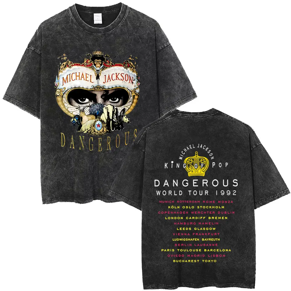 Washed Vintage Michael Jackson King of Pop Dangerous World Tour 1992 T-shirt Men Retro Gothic Rock T Shirts Oversized Streetwear