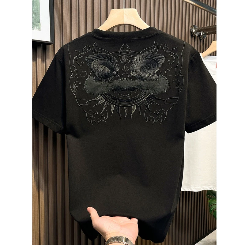 Men Clothing 2024 Summer Trendy Chinese Style Embroidery Short Sleeve Basic T-shirt Casual O Neck Black White Slim Cotton Tops