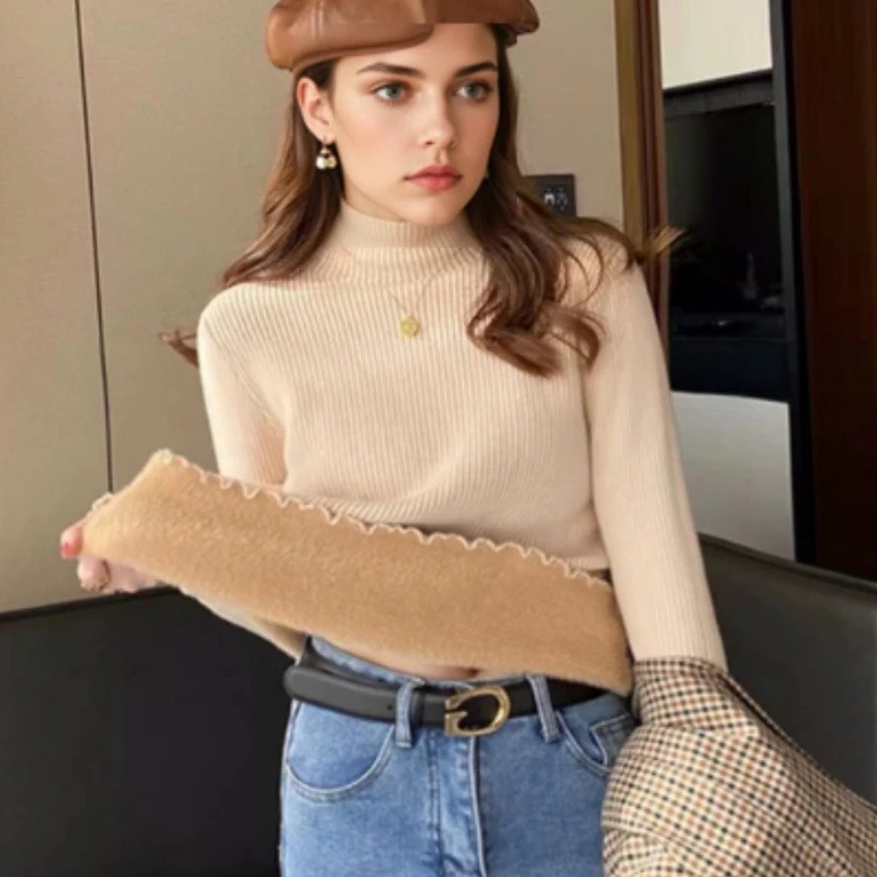 

2025 женский повседневный пуловер с высоким воротником, трикотаж, осень-зима, бархатный толстый свитер, элегантный офисный женский теплый базовый вязаный топ