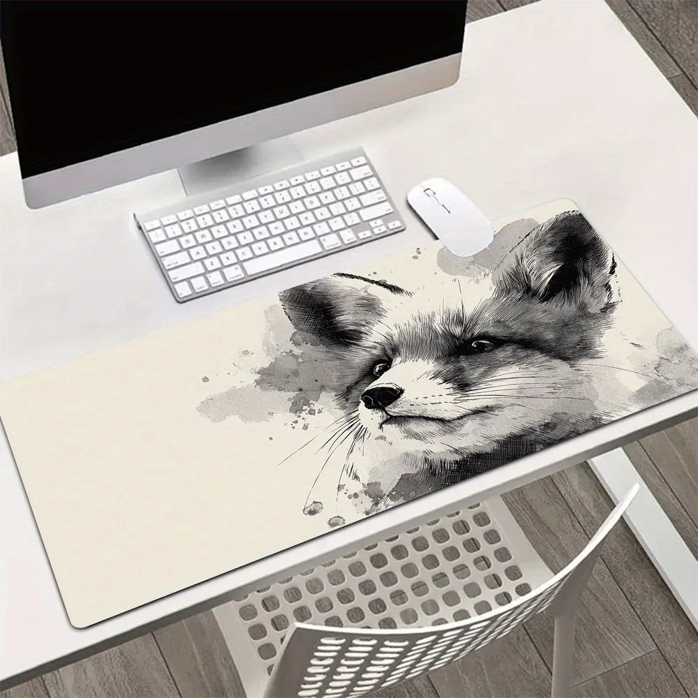 Minimalist Black White Fox Desk Mat, Extra Large Watercolor Mouse Pad, Non-Slip Waterproof Keyboard Mat for Desk Decor