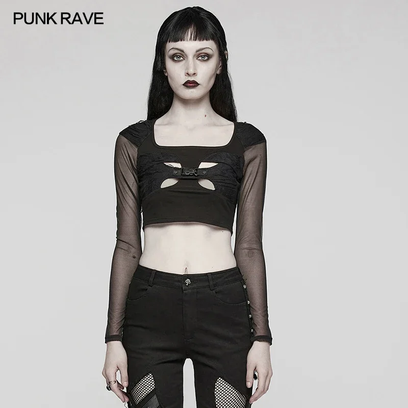 

PUNK RAVE Women's Gothic Top Front Hollow Skull Buckle Decorative Tops Sexy Hollowed Personalized Tees Spring Summer Clothes