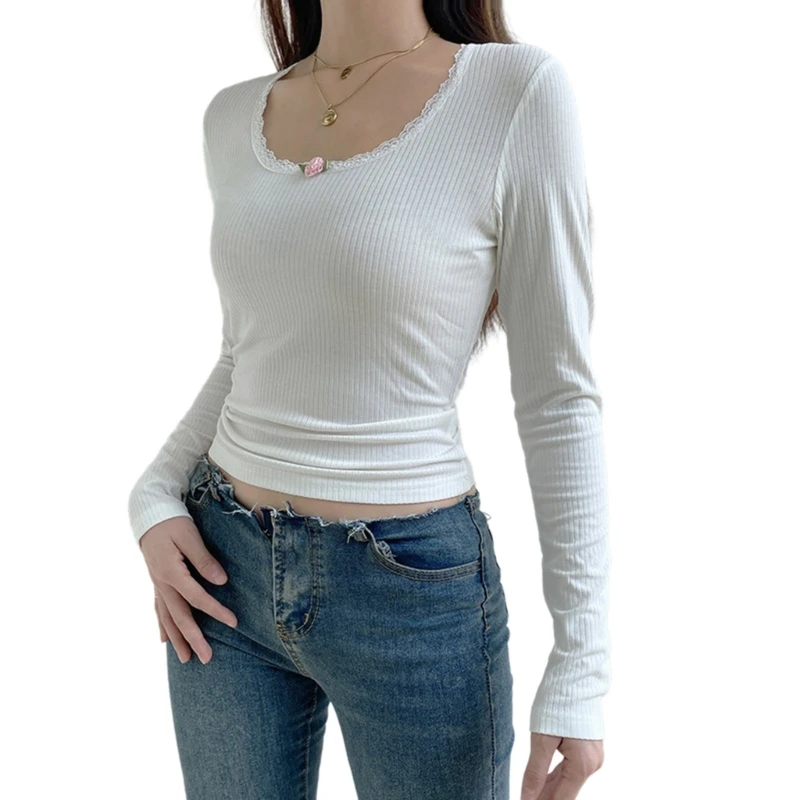 White Lace Long Sleeve Shirt Solid Color Round Neck Crop Tops Versatile and Stylish for Any Occasion 066C