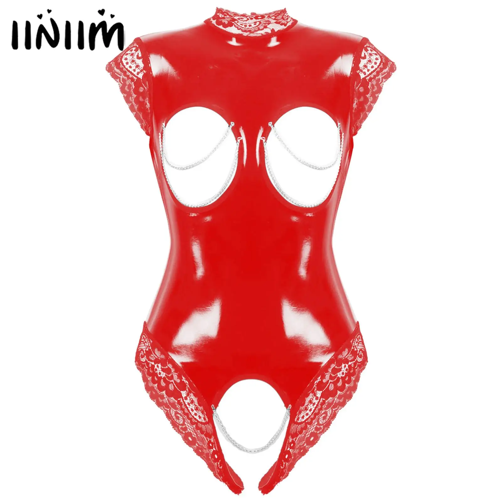 Womens Lingerie Open Breast Crotchless Bodysuit with Metal Chain Wetlook Patent Leather Clubwear Open Cup Bras Lace Trim Teddies