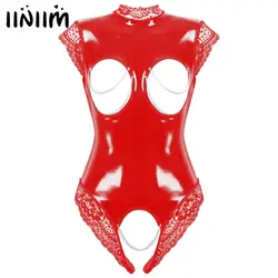 Womens Lingerie Open Breast Crotchless Bodysuit with Metal Chain Wetlook Patent Leather Clubwear Open Cup Bras Lace Trim Teddies