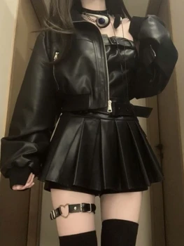 طقم فستان نسائي من الجلد الأسود Y2K ، كاجوال ، شارع مرتفع ، معطف PU ، حفلة أنيقة ، فستان صغير Y2K ، موضة كورية ، شيك ، ربيع ،