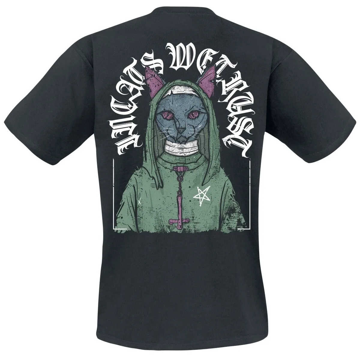 Death Metal Cat Tee, Black Cotton T-Shirt with Green Metal Font Print & Occult Cat Nun Back Art