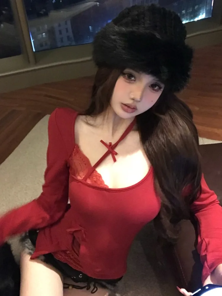 

Pure Desire Spicy Girl Design Lace Patchwork Short Sleeve T-Shirt Women's Autumn Winter Sexy Inner Wear Slimming Top