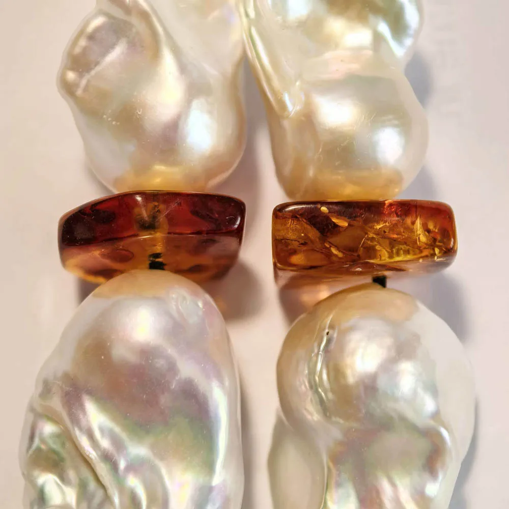MTC·STAR 26mm White Baroque Reborn Keshi Pearl Natural Amber Dangle Earring（Z14627 ） Earrings