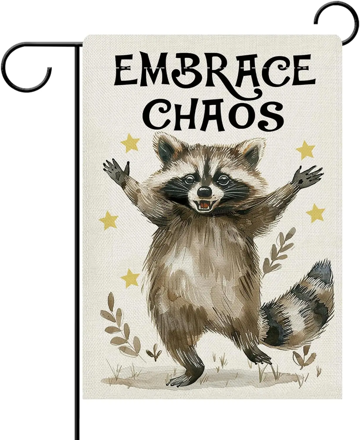 Dyrenson Funny Raccoon Decorative Garden Flag, Embrace Chaos Stars Yard Outside Home Decoration, Farmhouse Burlap Outdoor Sm EEU