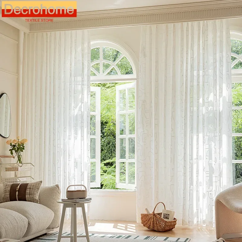 Graffiti Line Embroidery White Screen Screen Curtains for Bedroom Living Room Bay Window French Window Balcony Finished Product