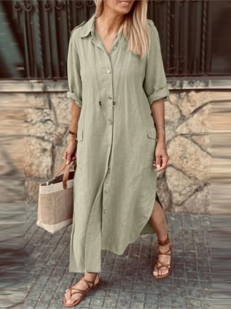 

Women Casual Shirts Dress Fashion Holiday Loose Solid Dresses Robe Femme Elegant Long Sleeve Button Skirts Womens Clothing New