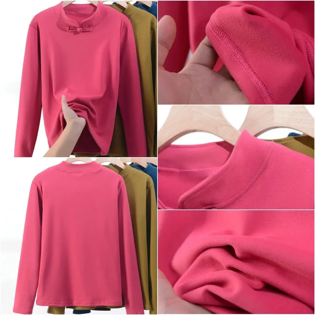 XL to 8XL Plus size Mockneck Bowknot Fleece T-shirt Women Autumn Winter warm bottoming Tshirts thick Tee Tops long sleeves