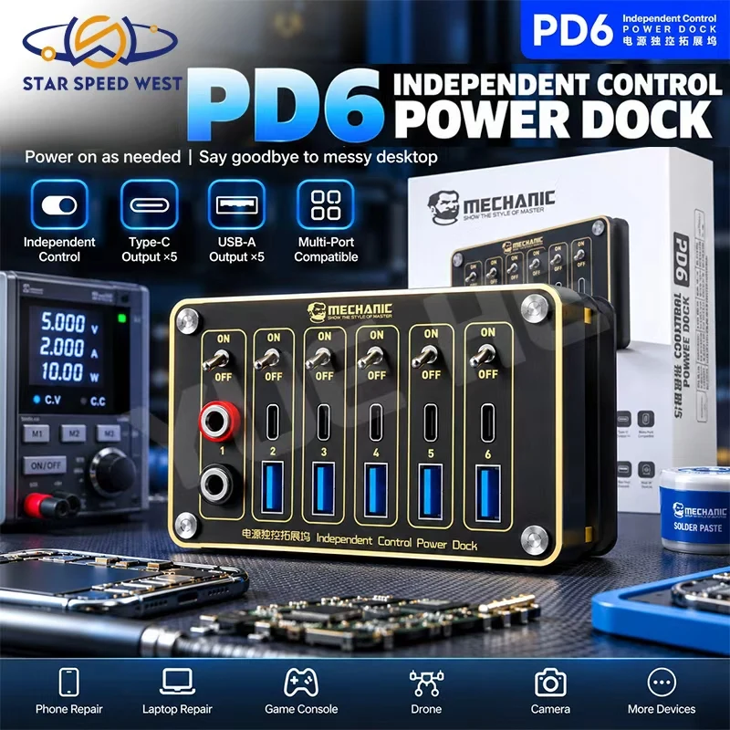 MECHANIC PD6 Independent Control Power Dock 5 Ports USB-C DC Output Constant Voltage Current Protection for Phone Repair Tools