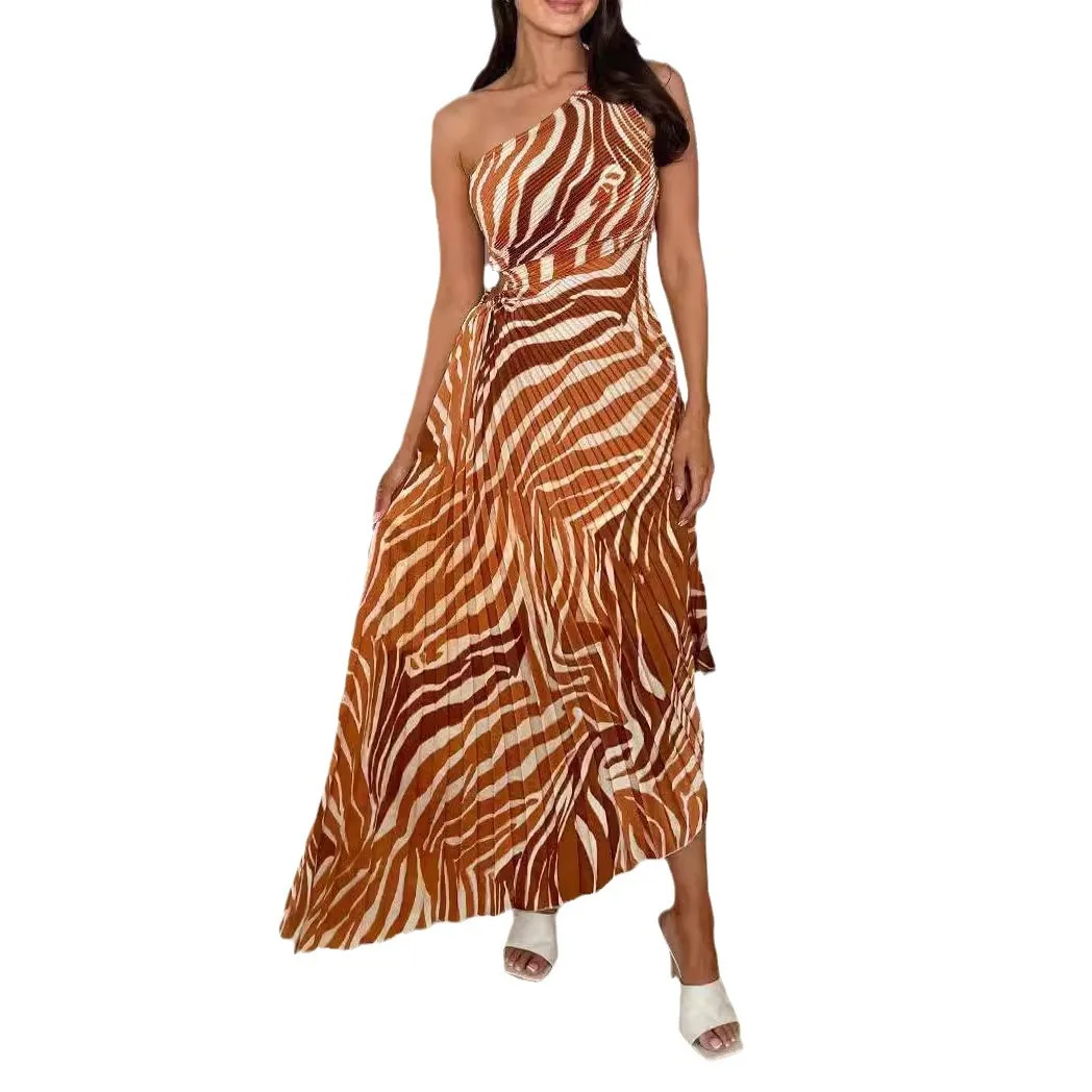 2025 One Shoulder Printed Dress for Women Sleeveless Drawstring Waist Ruched Detail Holiday Boho Beachwear Casual Summer Outfit