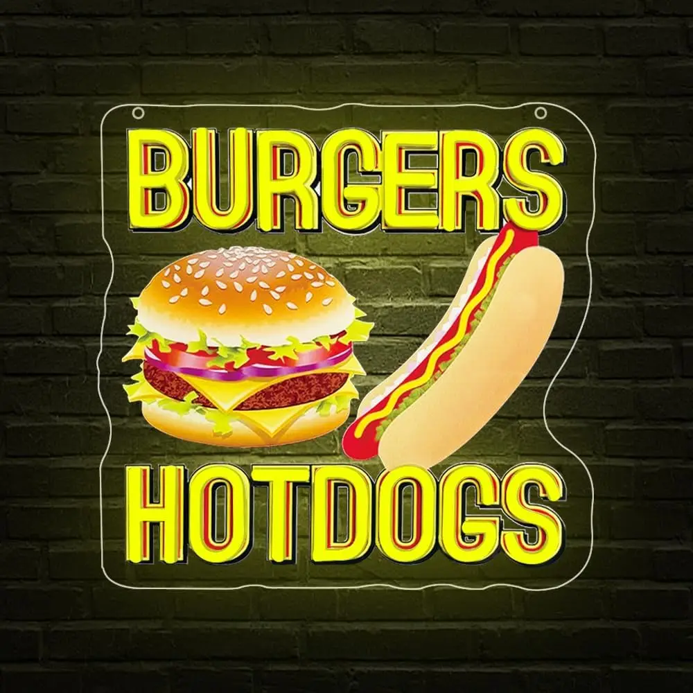 

Hot Dogs Burger Neon Sign Decoration,USB Dimmable Hamburger Led Light Sign for Business Food Restaurant Bar Birthday Party Decor