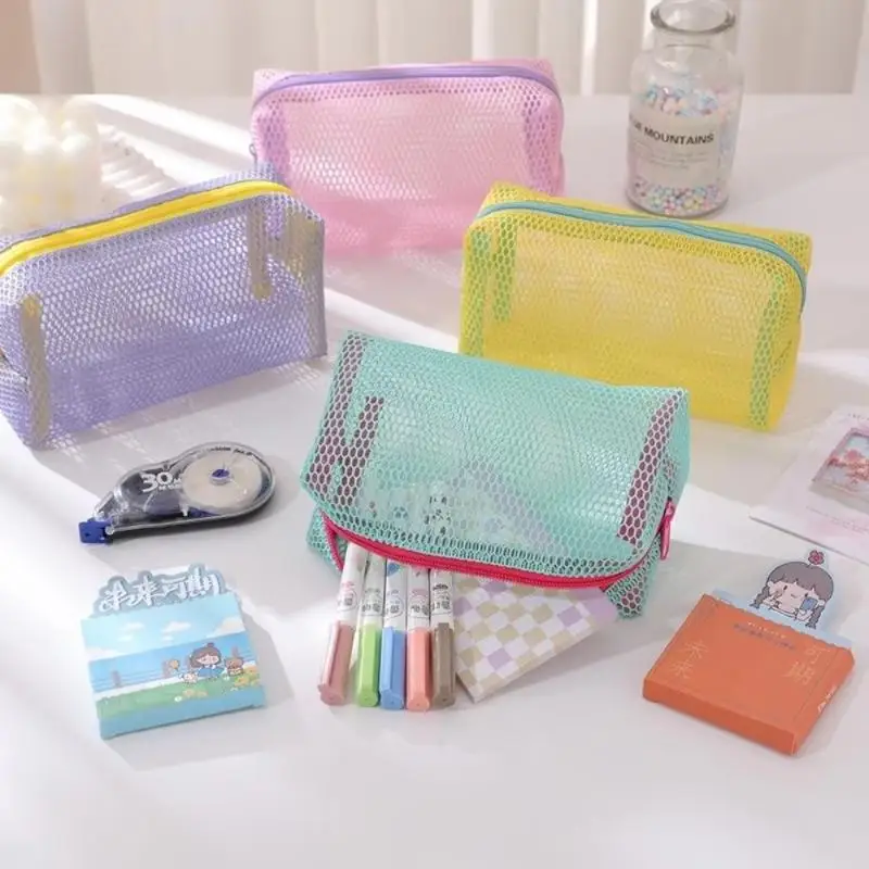 Mesh Cosmetic Bag Transparent Dopamine Trendy Zipper Coin Purse Lightweight Portable for Girls School Stationery Storage 1Pcs