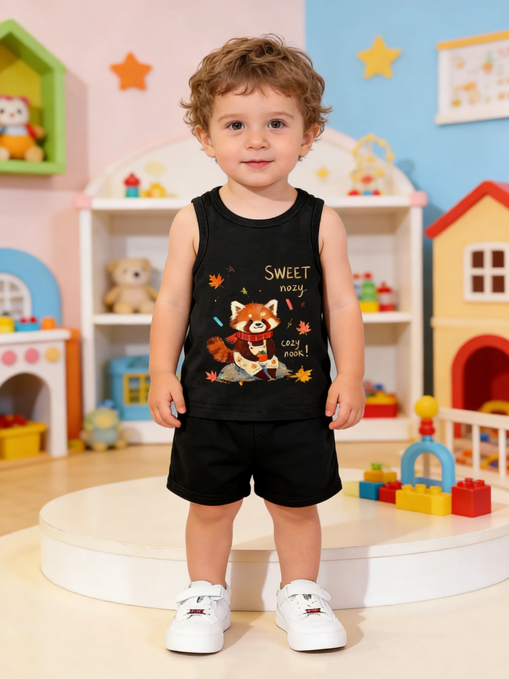 

Комплект из двух предметов: майка и шорты с принтом красной панды для маленьких мальчиков — летняя повседневная дышащая одежда без рукавов