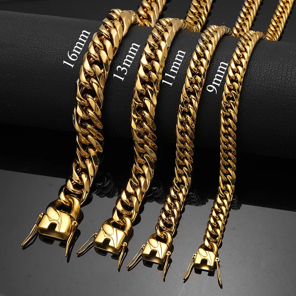 9/11/13/16mm Unisex Wrist Hand Jewelry Gold Color 316L Stainless Steel Men Women Curb Cuban Chain Bracelet Party Gift