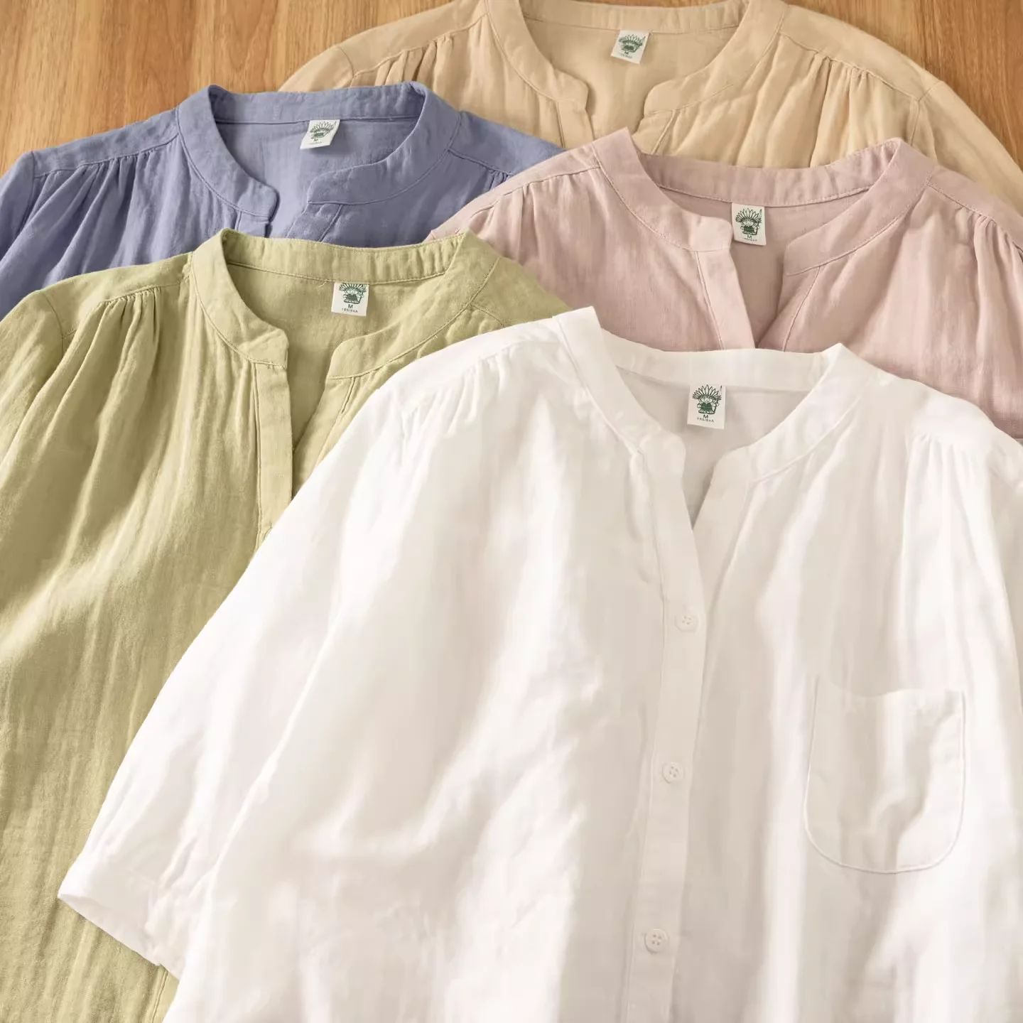 

2025 Middle aged women clothes 100% cotton yarn v neck short sleeve solid shirts and blouses mum clothes large size tops
