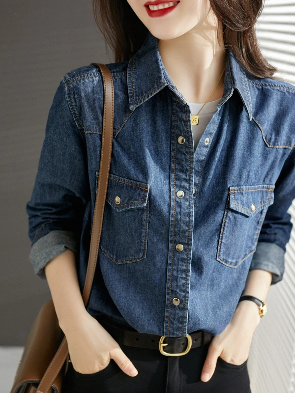 Blue Denim Shirt Women's Spring Autumn Winter New Style Layering Inner Wear Top Trendy Casual Straight Cut Long Sleeve C...