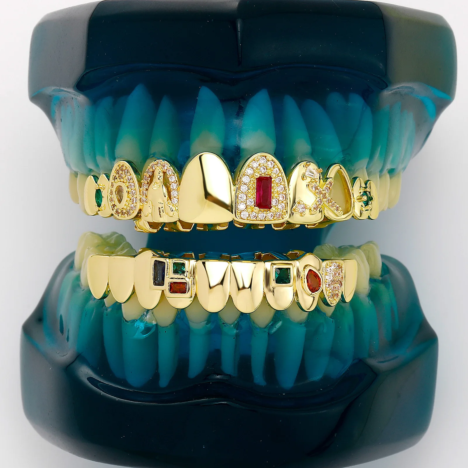 Colorful Gem Zircon Teeth Grillz Gold Silver Plated Hip Hop Top Bottom Tooth Caps For Men Women Rapper Cosplay Party Jewelry