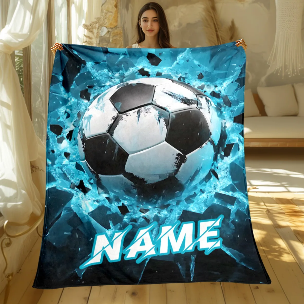 Personalisierte Fußball-Decke (Fußball), individueller Name, Flanell-Überwurf, weich, warm, für Bett, Sofa, Reisegeschenk für Fans, Ganzjahresgebrauch