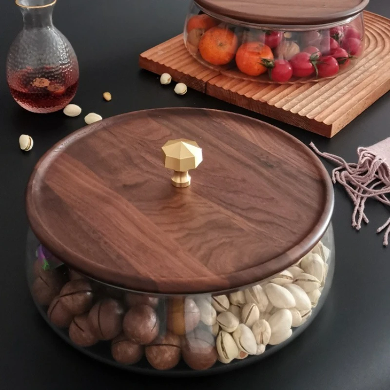 

Black Walnut Wood Tea Tray - Topped Glass - Sealed Nut and Dried Fruit Box, Home - Use Living Room Candy and Fruit Tray