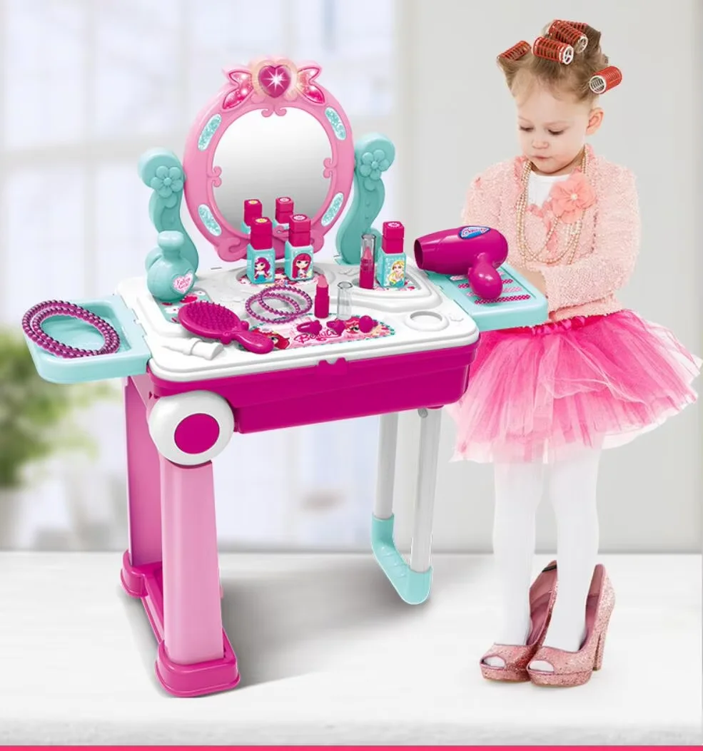 Beleza cômoda mesa fingir jogar princesa penteadeira conversível mala carrinho brinquedo conjunto portátil role play conjunto