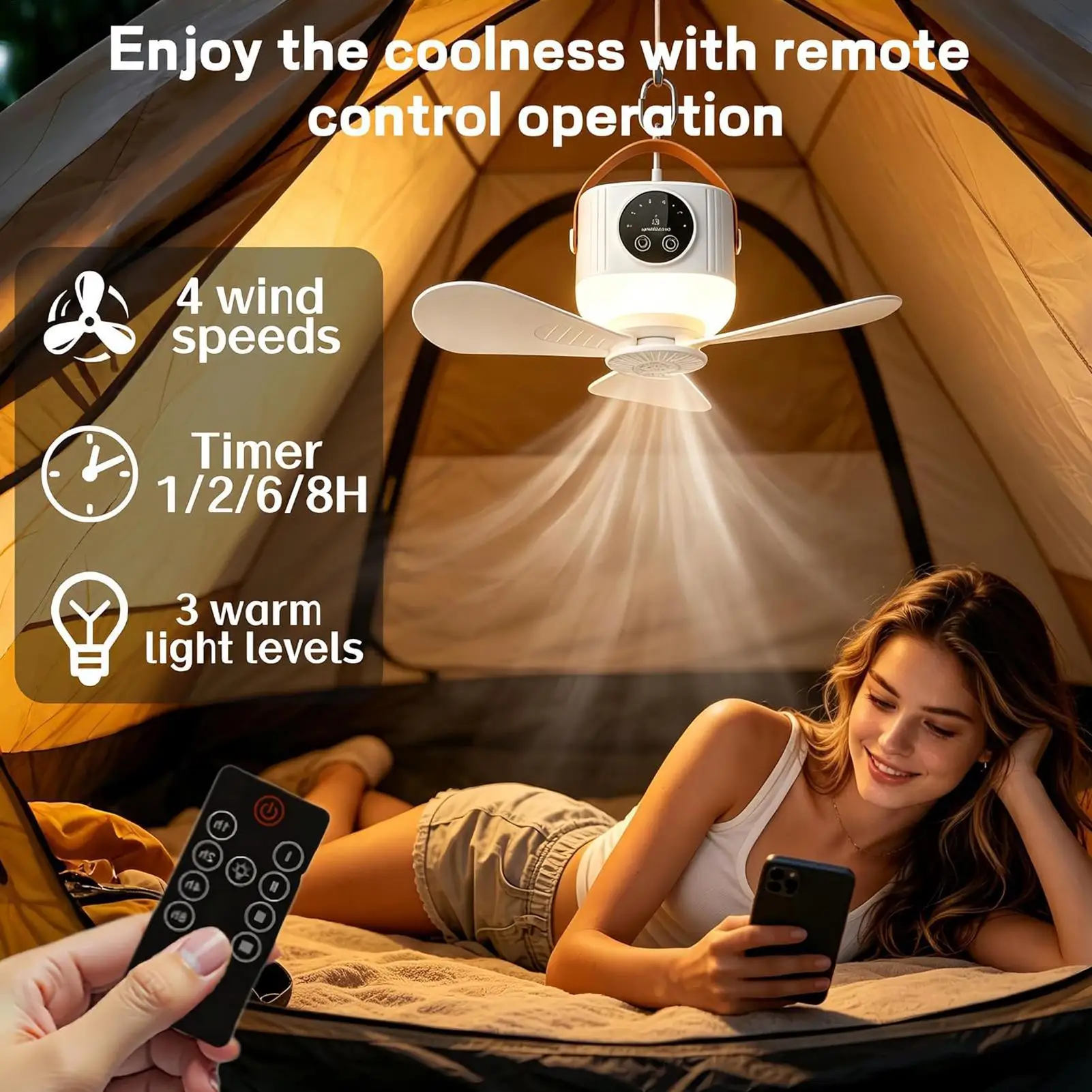 Rechargeable Hanging Fan 7200mAh 4 Speed Adjustable 3 Level Light USB Portable Ceiling Fan for Tent Camping Travel