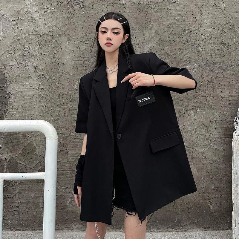 GIDYQ Y2k Streetwear Short Sleeve Suit Jacket Women Black Gothic Casual Loose Pocket Oversize Blazers Vintage Wide Shoulder Tops