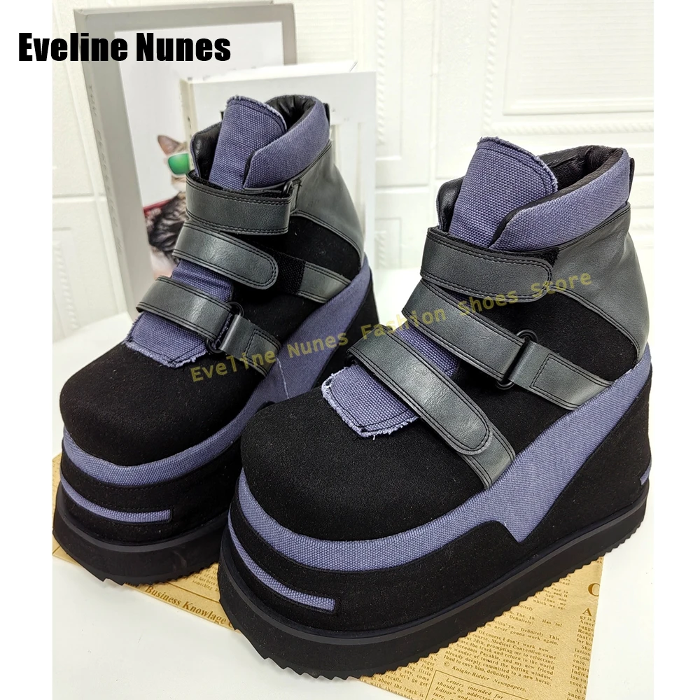 Hook and Loop Wedge Motorcycle Boots Round Toe Thick Sole Color Blocking Patchwork Couple Ankle Boots 2026 Spring Summer Trend