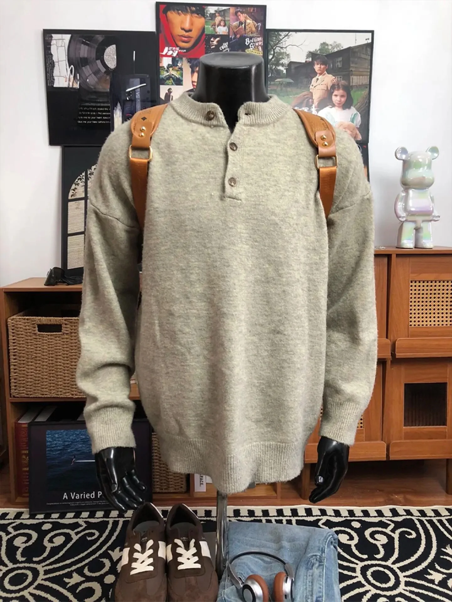 

Мужской трикотаж в стиле ретро с воротником Генри, основа irt, тяжелый вес, осень-зима, старые деньги, повседневная удобная внутренняя одежда