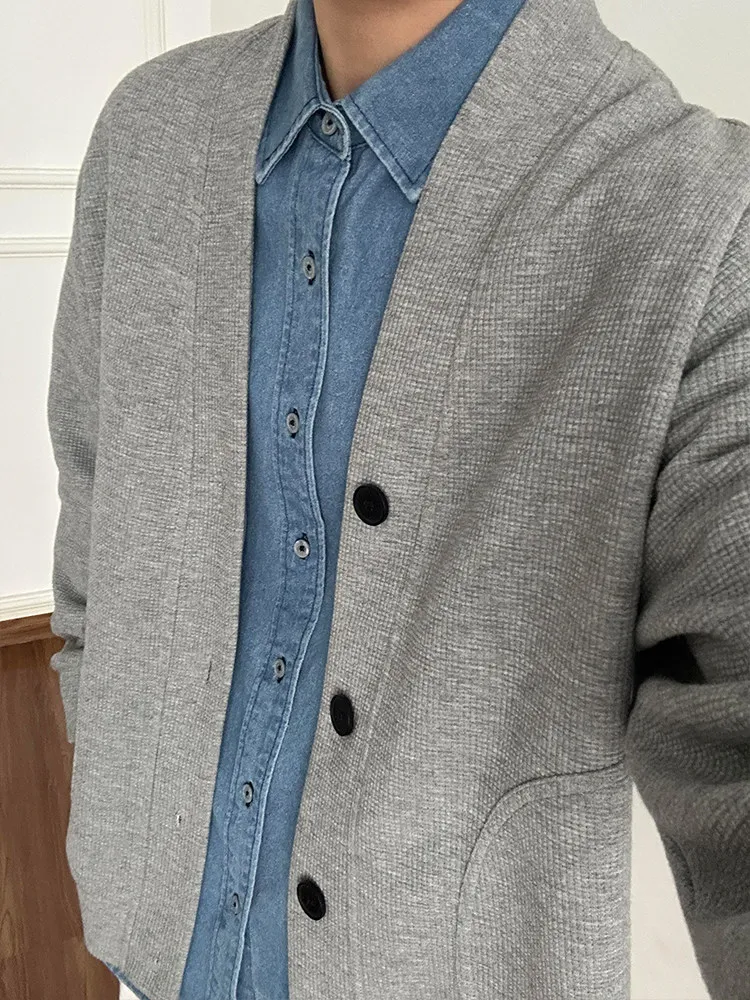 Gray American Retro Cardigan Sweatshirt Men's Short Knitted Autumn Leisure Style Coat V-neck Button Design Casual Wear