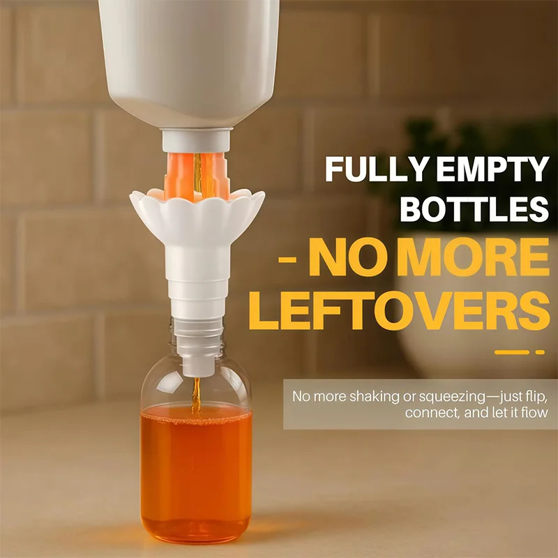Universal Bottle Emptying Kit -Reusable Liquid Transfer Connector With No Waste Funnel Adapter Compatible With Soap Shampoo Tool