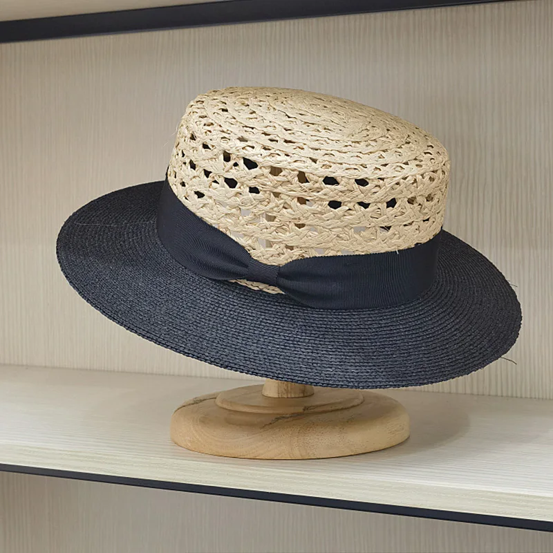 TOMKHU-Chapeau de paille à bords larges pour femme, haut plat, Lafite, nouveau, printemps, été, accessoires de ruban, chapeau de soleil creux,