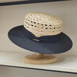 TOMKHU-Chapeau de paille à bords larges pour femme, haut plat, Lafite, nouveau, printemps, été, accessoires de ruban, chapeau de soleil creux, chapeau de plage