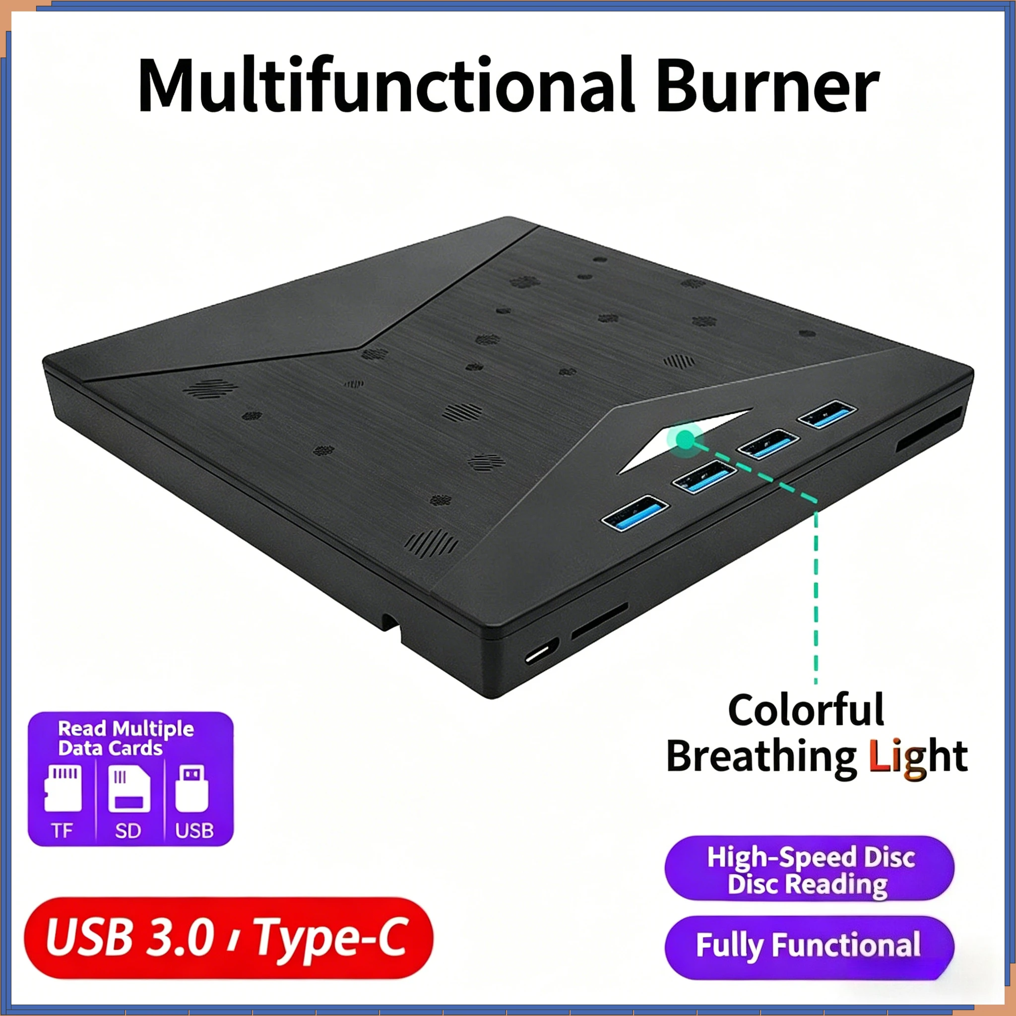 

Внешний CD/DVD-привод 7-в-1 USB3.0 Type-C, портативный ультратонкий проигрыватель/записывающее устройство для CD/DVD с поддержкой SD/TF-карт для ноутбуков и ПК