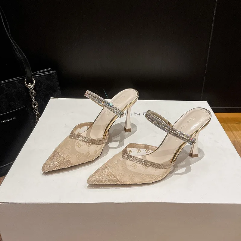 

New Designer Women's Shoes Fashion Air Mesh High Heeled Sandals for Woman French Style Pointed Tip Casual Shoes Sandalias Mujer
