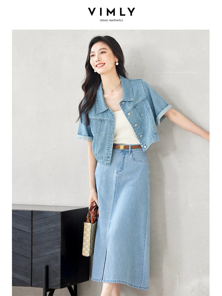 VIMLY Women\'s Washed Vintage Casual Denim Skirt Set Summer Short Cardigan Lapel Jacket + Slit A-Line Skirt Workwear 2pcs Set