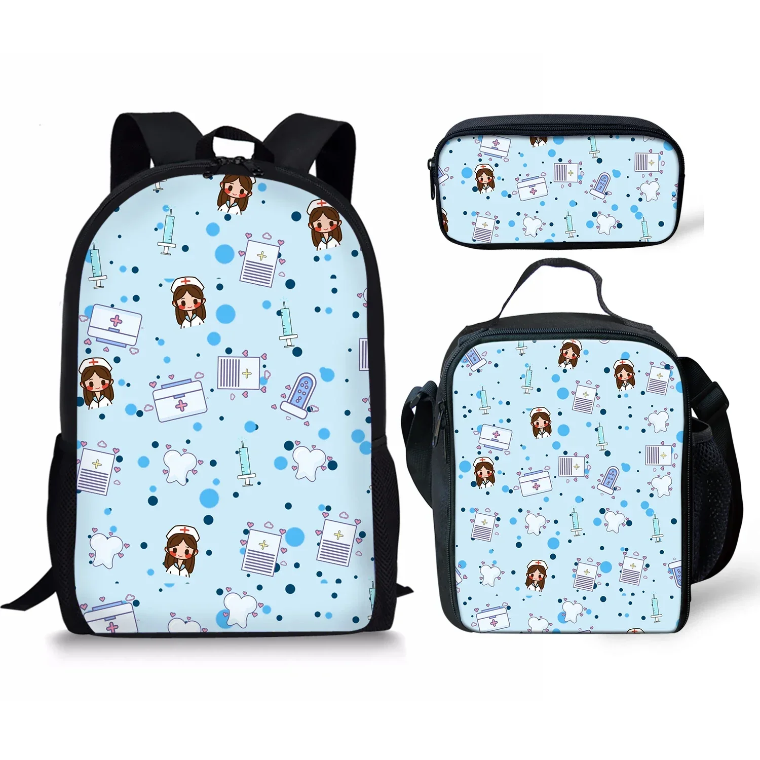 Popular moda enfermera corazón 3 unids/set mochila personalizada estudiante bolsa de gran capacidad viaje portátil mochila bolsas de almuerzo estuche para lápices