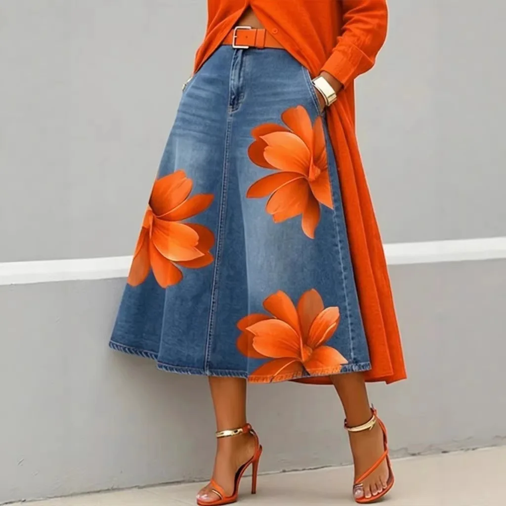 Women's Streetwear Floral Print Midi Skirt High Waist  imitation denim Casual Swing Skirt Ladies Stylish daily wear Trendy Skirt
