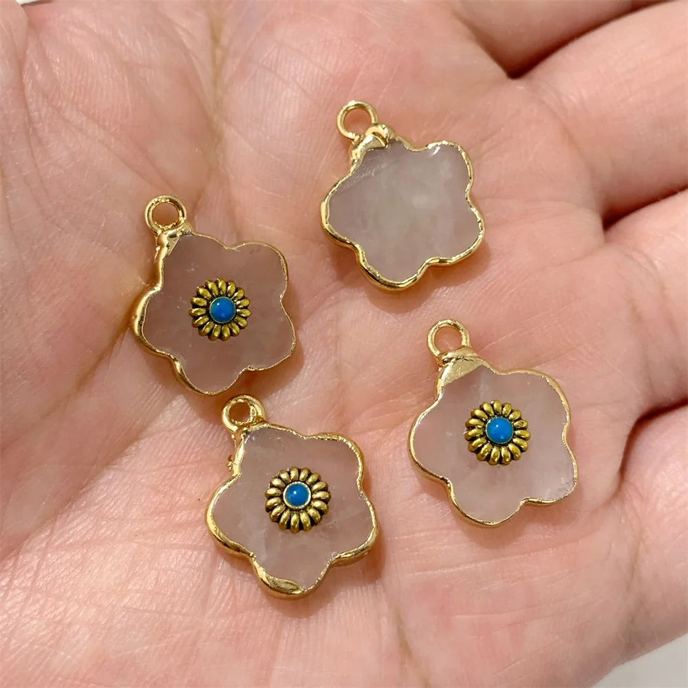 2PCS Retro Flower Natural Stone Rose Quartz & Amazonite Pendants