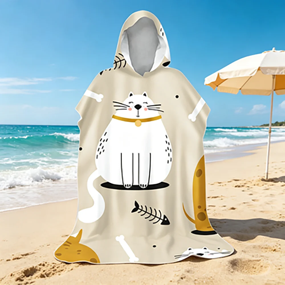 Quick-Dry Hooded Cat Pattern Bathrobe Outdoor Diving Poncho Swimming Beach Towel Coat for Comfortable Water Activities