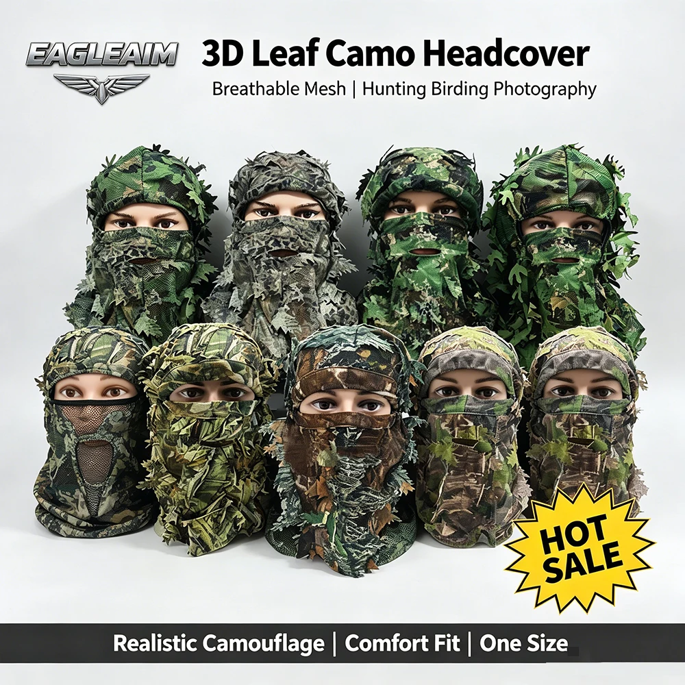 3D Leaf Camo Ghillie Face Mask Full Head Neck Cover Breathable Mesh Balaclava for Hunting Wildlife Photography Airsoft CS Game