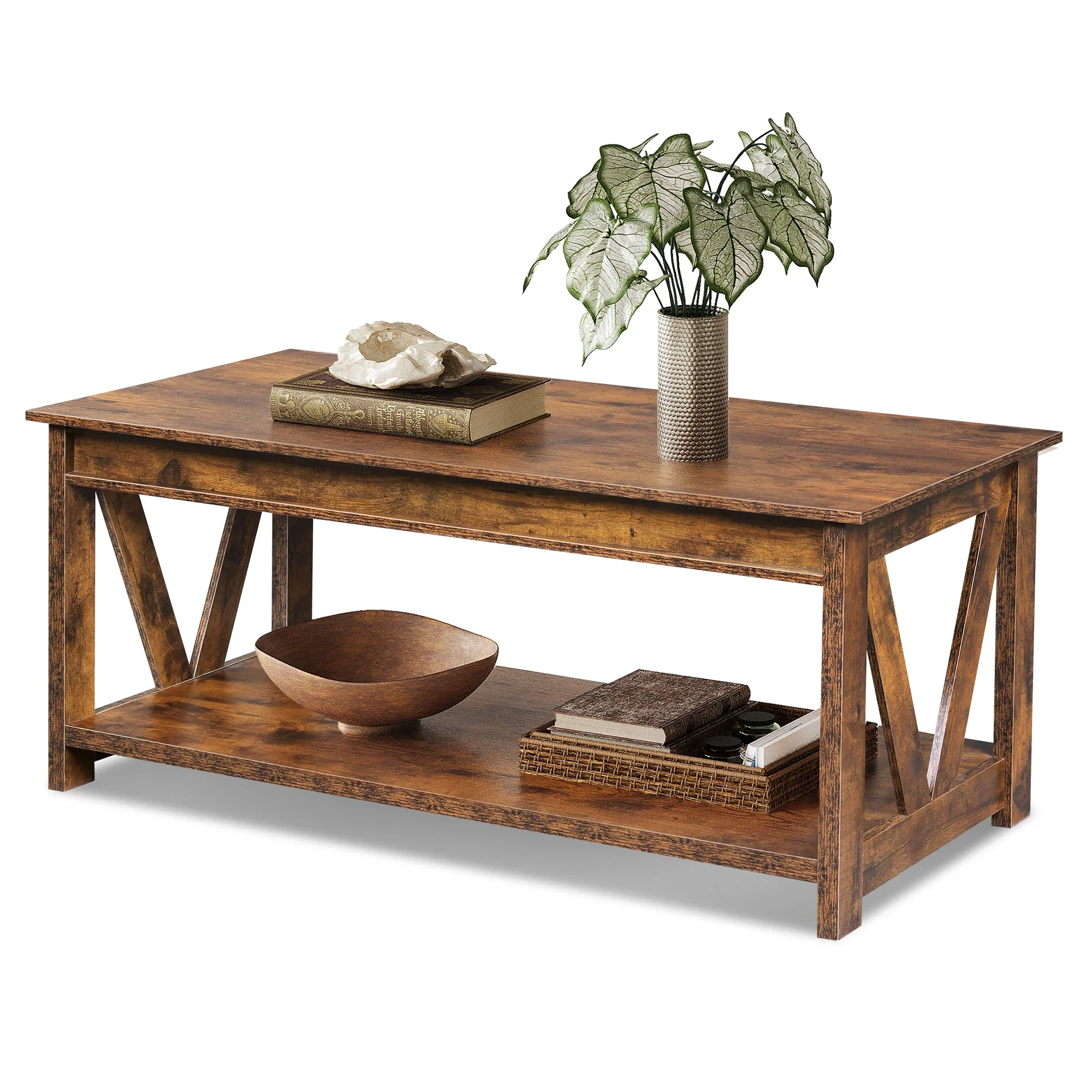 # Coffee Table, 43.3 Inch Farmhouse Table With Storage, Rustic Brown Rustic Wood Grain, V-Shaped Side Support, Wipe-Clean Coated