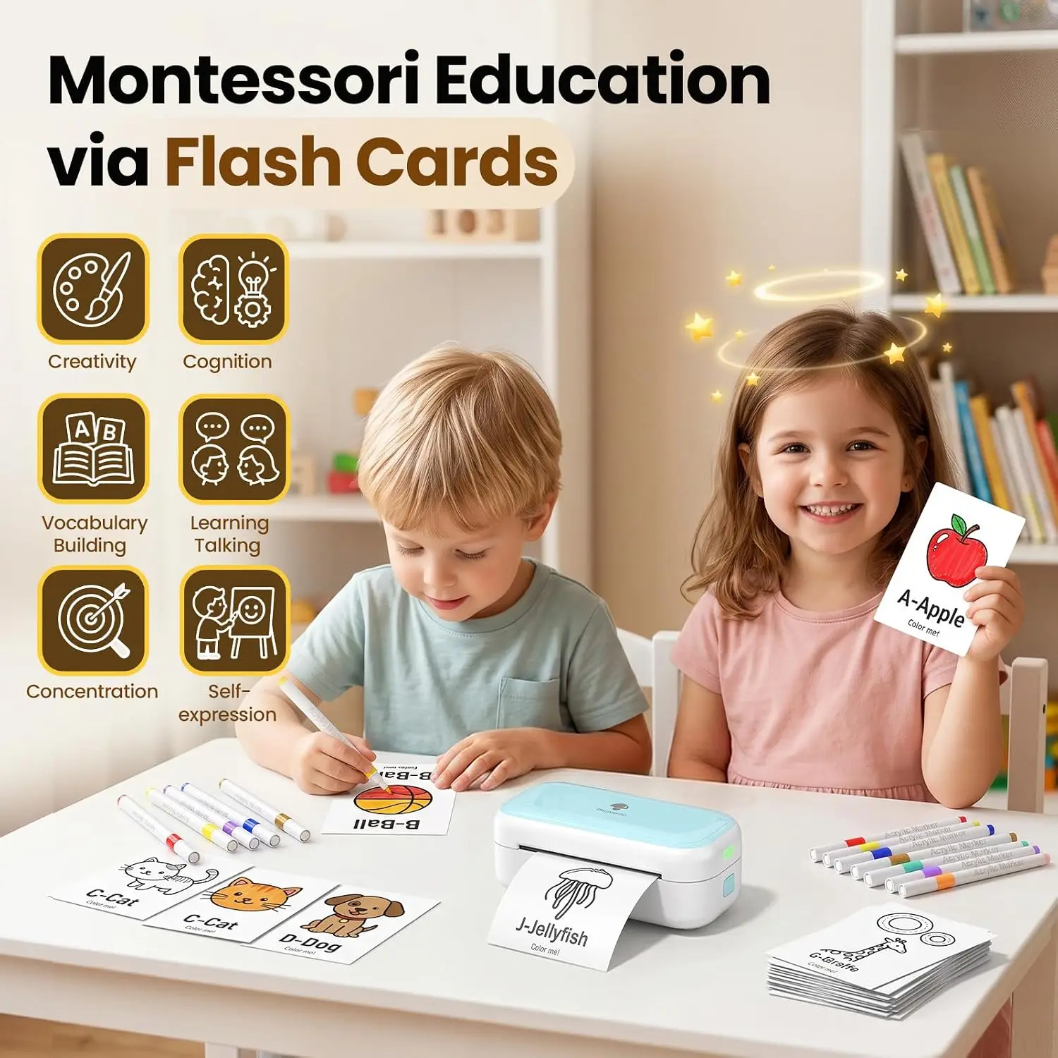 Phomemo M03C Kids Flash Card Printer DIY Flashcards Maker with 40 Sheets Preschool Hands-On Language Learning Toy for Boys&Girls