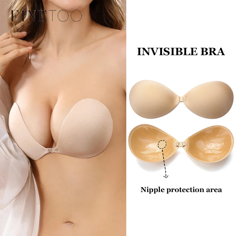 

FINETOO Silicone Invisible Push Up Bra Women Strapless Backless Adhesive Bras Sexy Seamless Nipple Covers Front Closure Bralette