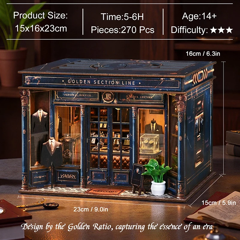 Kit de Montagem DIY para Estante de Livros em Miniatura com Tema de Loja de Roupas em Madeira, Modelo em Miniatura com Linha da Seção Dourada, Suporte para Livros, para Presentes de Aniversário de Amigos